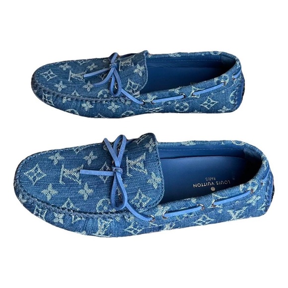New LOUIS VUITTON Arizona Blue Denim LV Monogram Driving Mocs Loafers - Picture 1 of 8